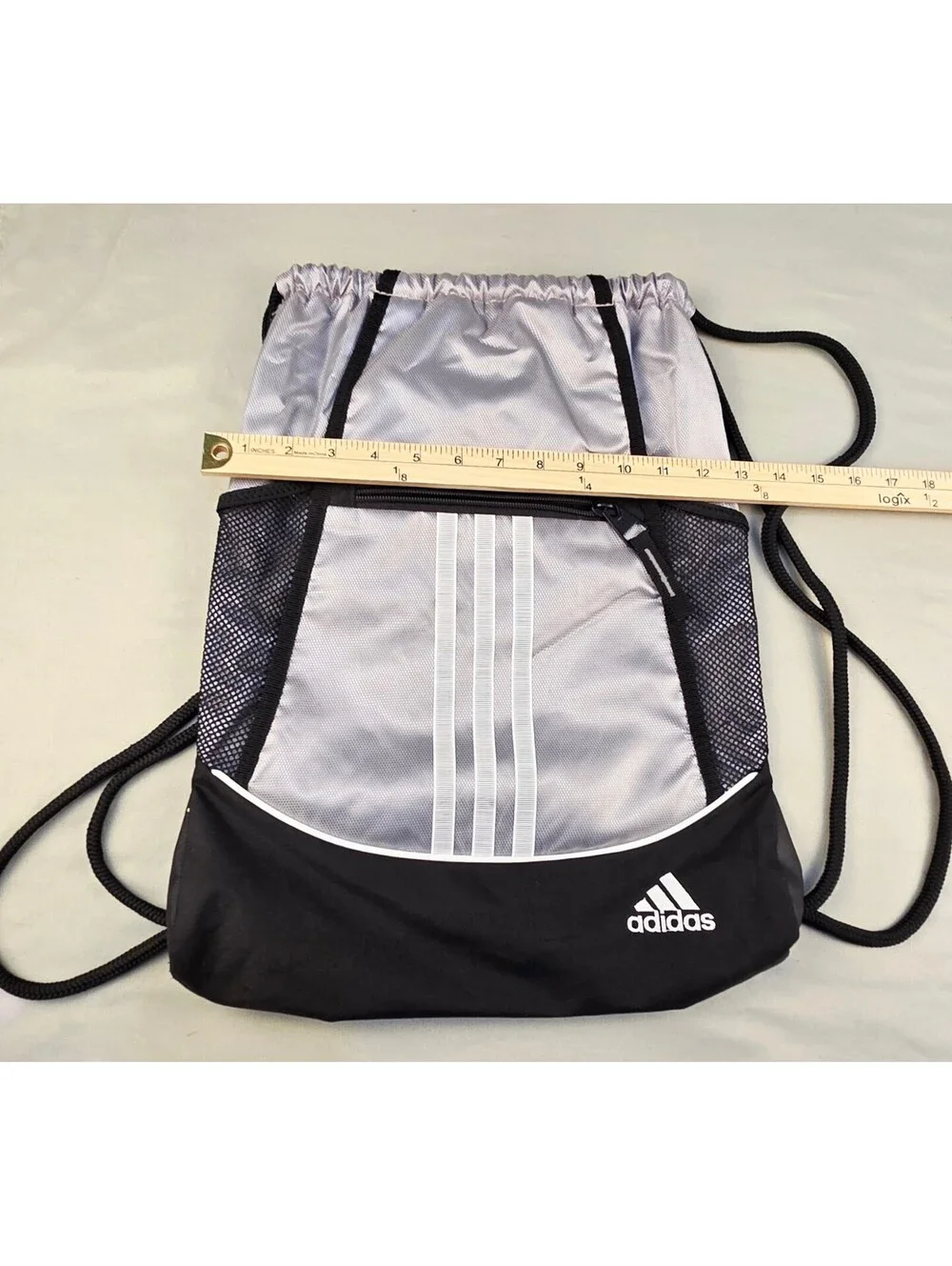 Adidas Drawstring Gym Sack Backpack with Front Zipper Pocket, Black and Silver